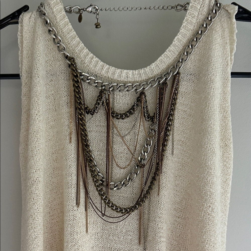 Chicos Mixed Metal Multi‎ Strand Bib Necklace Silver Gold Bronze Statement Chain